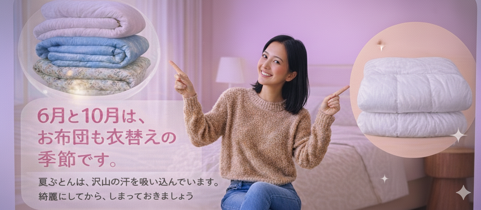 １０月は、お布団の衣替えの季節です。夏ふとんは、沢山の汗を吸い込んでいます。綺麗にしてから、しまっておきましょう。